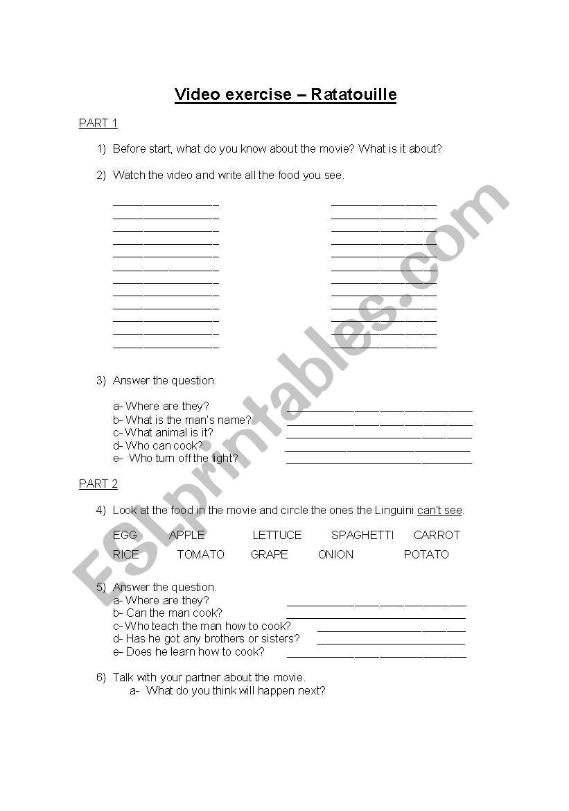 Ratatouille Video Excercise worksheet