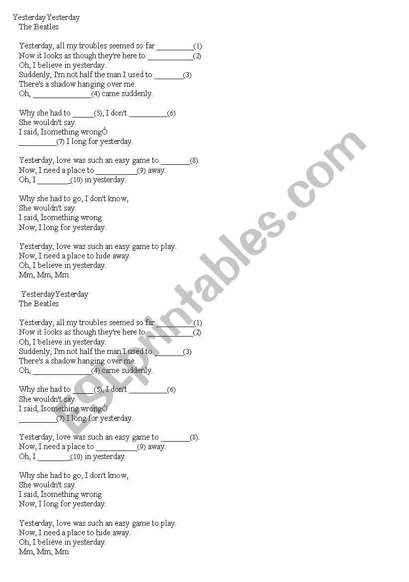 Song Beatles: Yesterday worksheet