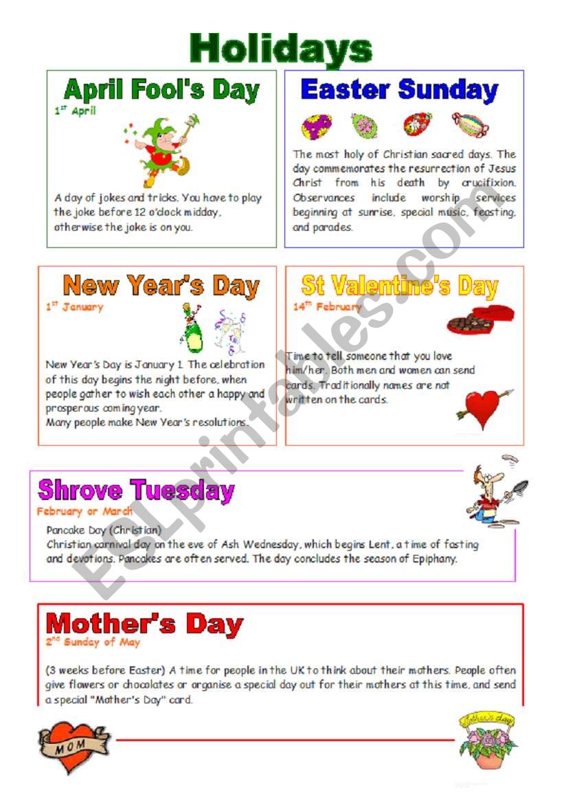 Holidays 1 (05.08.09) worksheet