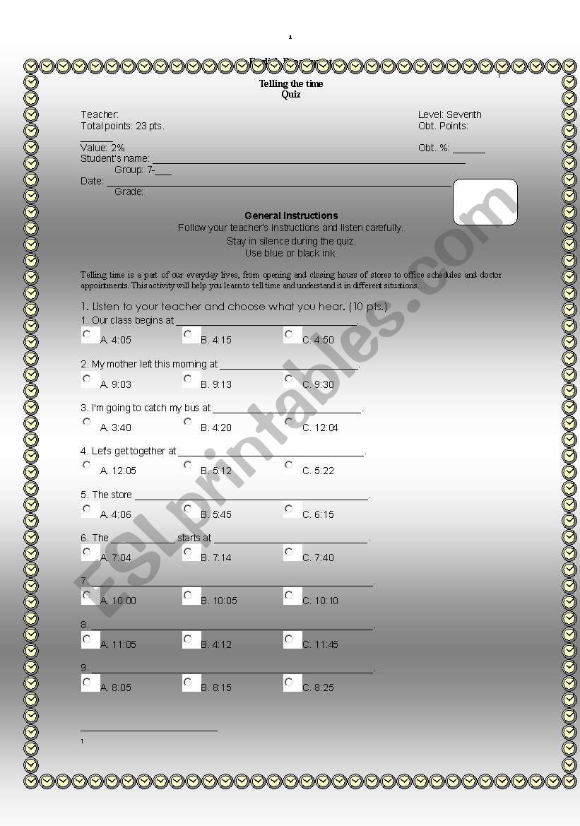 listening quiz-telling the time