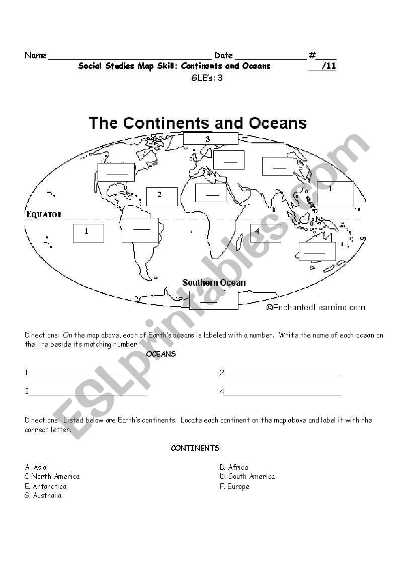 Continents and Oceans - ESL worksheet by jkusie Throughout Continents And Oceans Worksheet