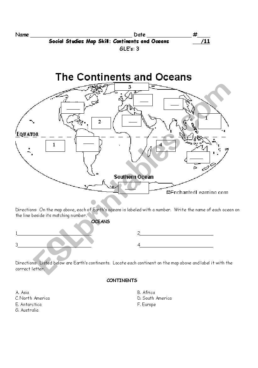 Continents and Oceans worksheet