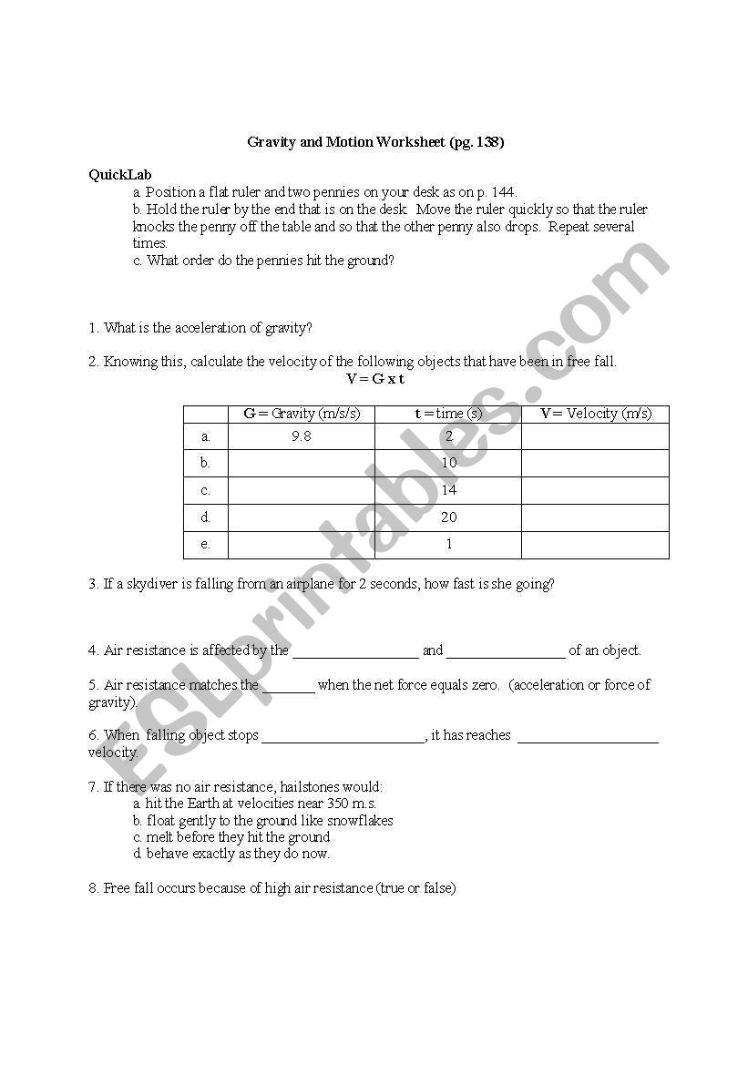 gravity motion worksheet