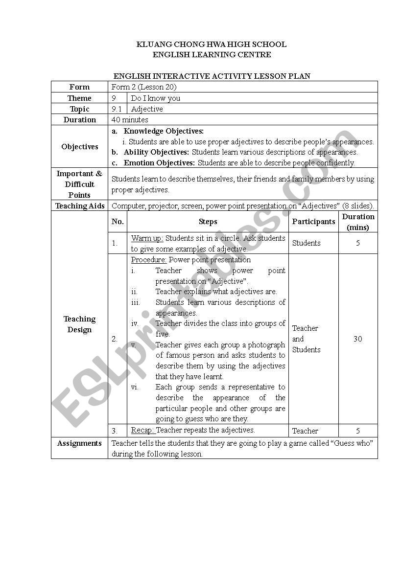 adjective(lesson plan) worksheet