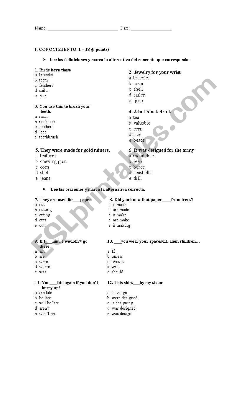 test worksheet