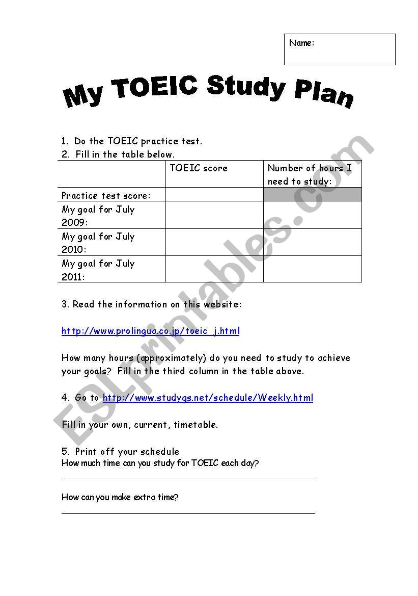 My TOEIC Study Plan worksheet