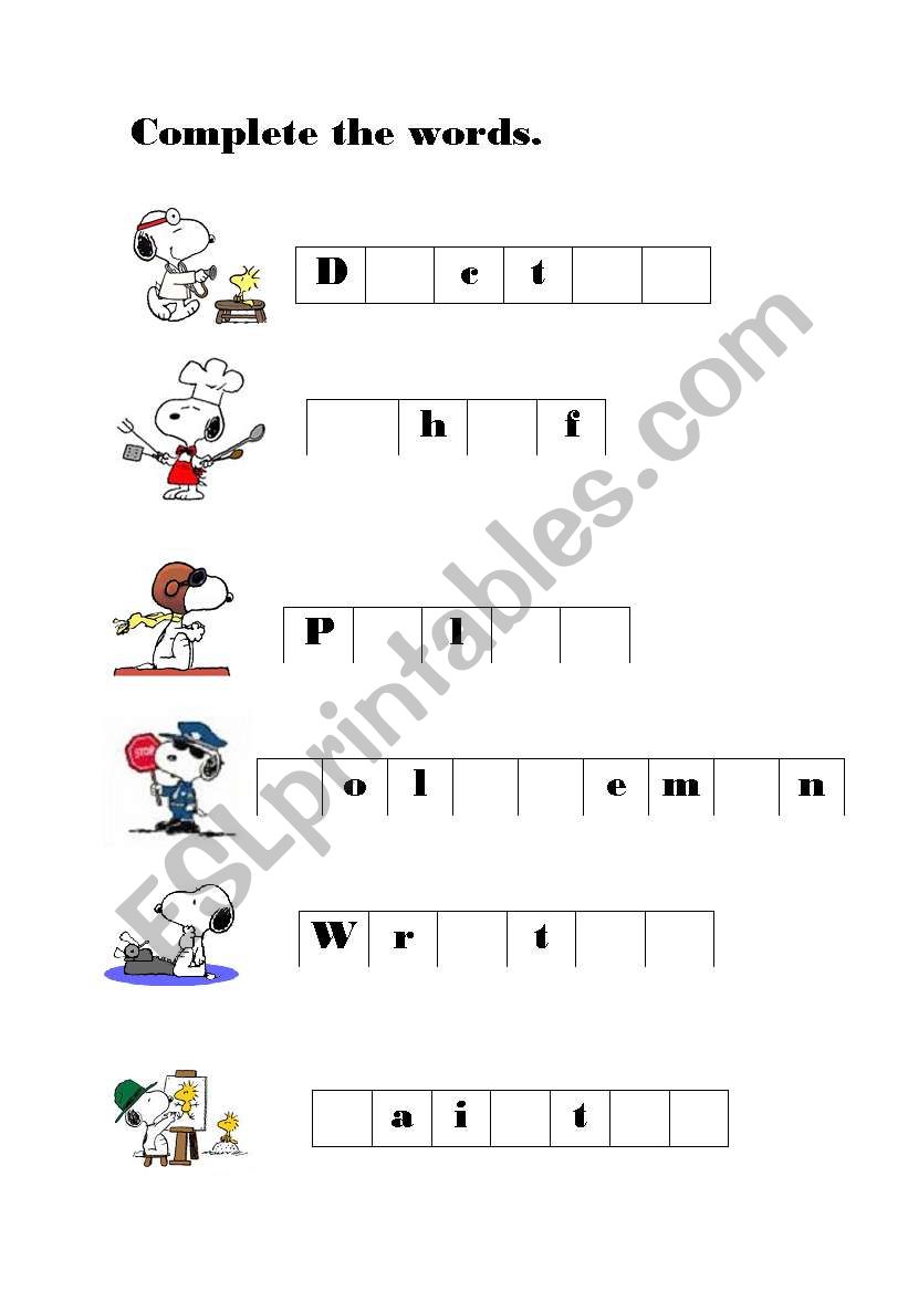 snoopy jobs worksheet