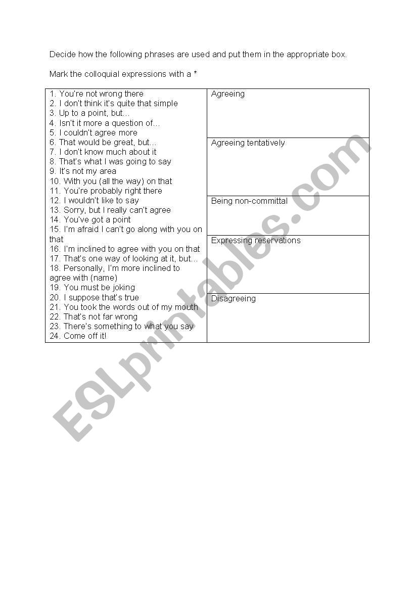 Ranking exercise for agreeing and disagreeing