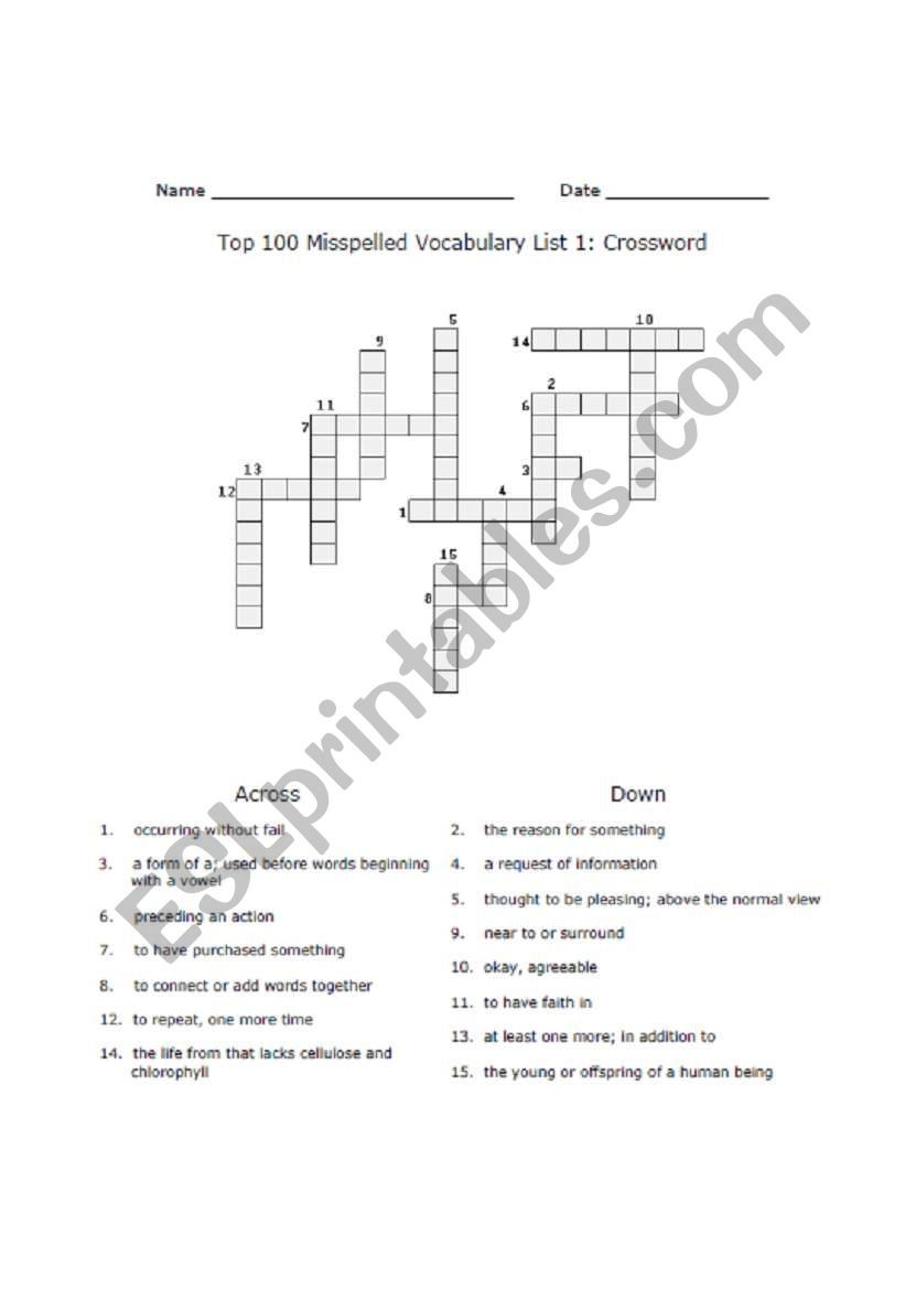 Vocabulary-Crossword worksheet