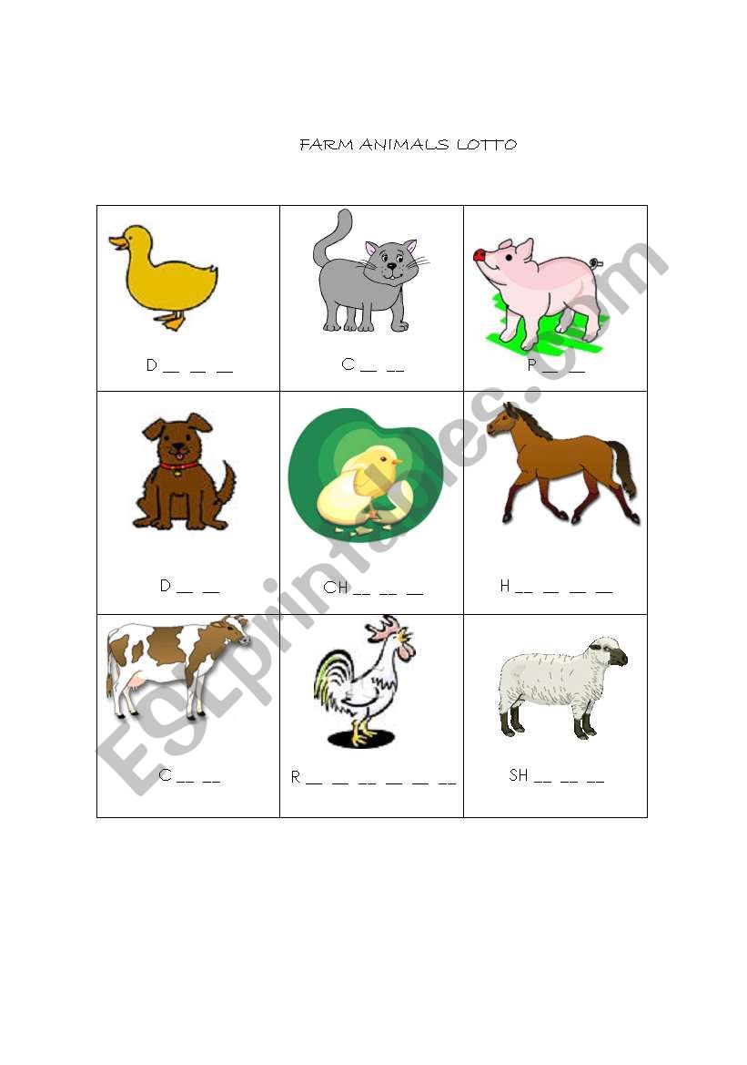 Farm animals Lotto worksheet