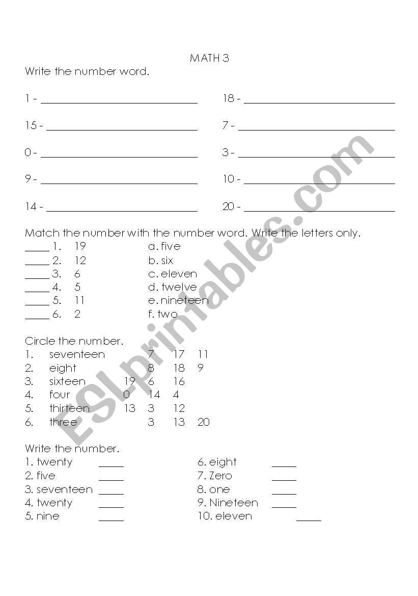 Number words worksheet