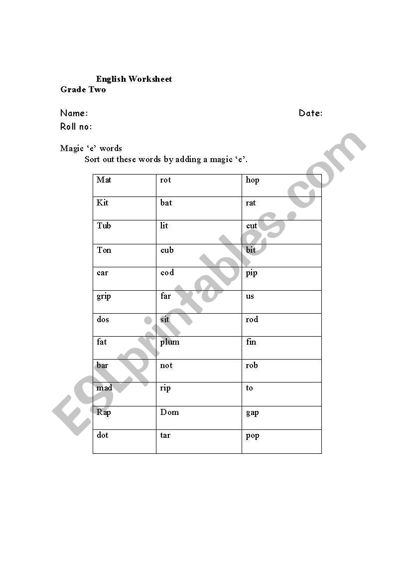 Magic e worksheet
