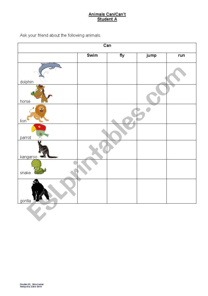 What animals can/cant do worksheet