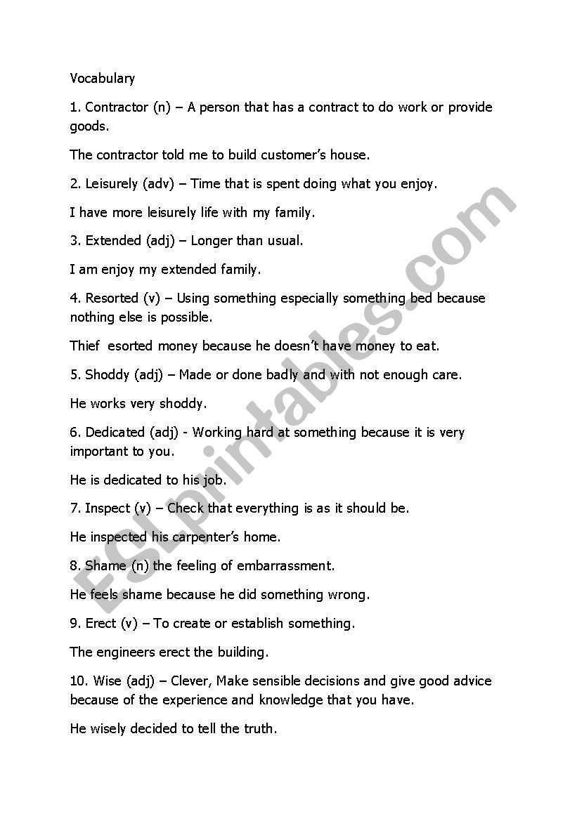 Vocabulary 10 words worksheet