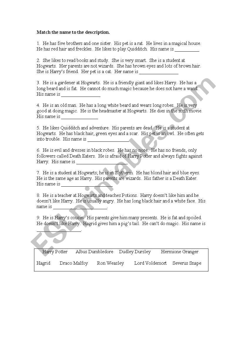 Harry Potter Description + worksheet