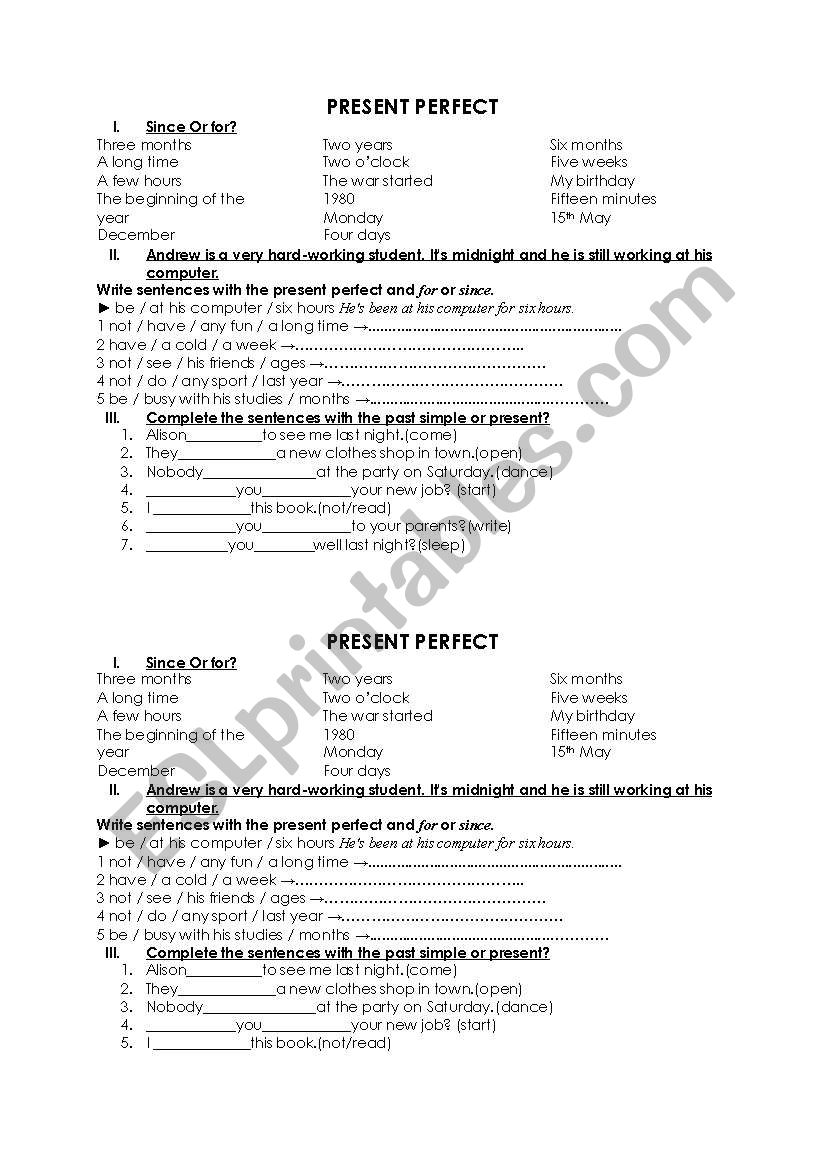 present perfect worksheet