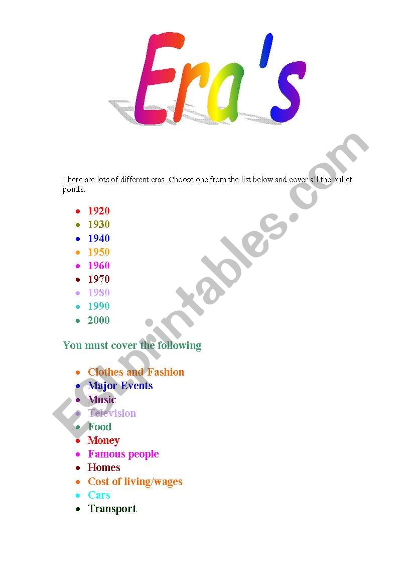 Different Eras worksheet