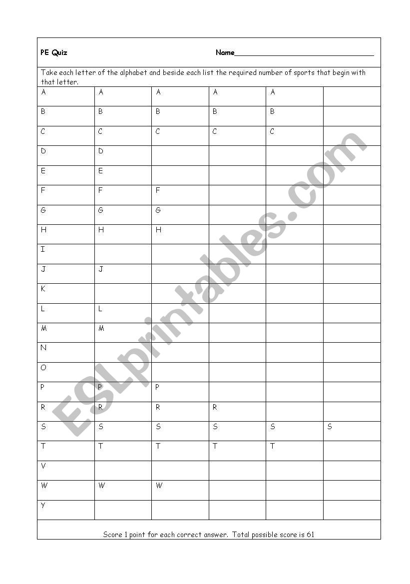 PE Quiz worksheet