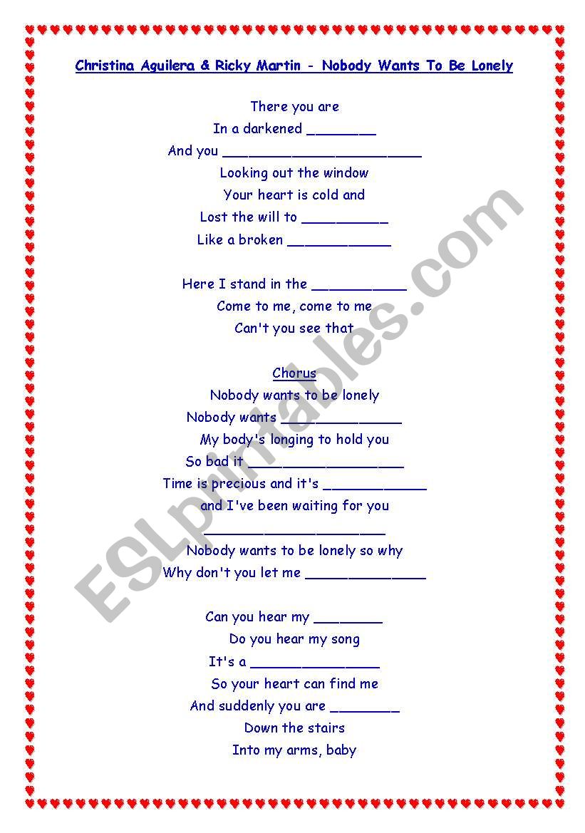 Nobody Wants to be Lonely worksheet