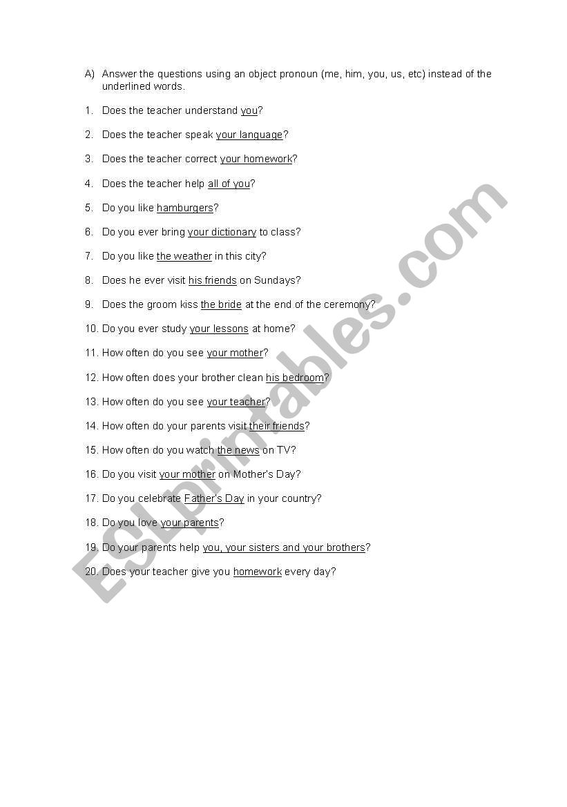 exercises for object pronouns worksheet