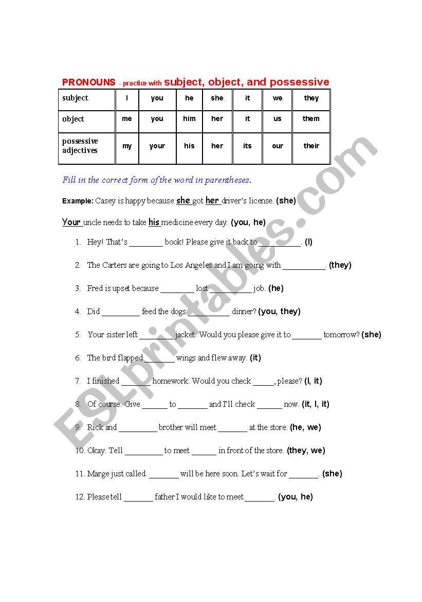 PRONOUNS - practice with subjects, objects, possessive