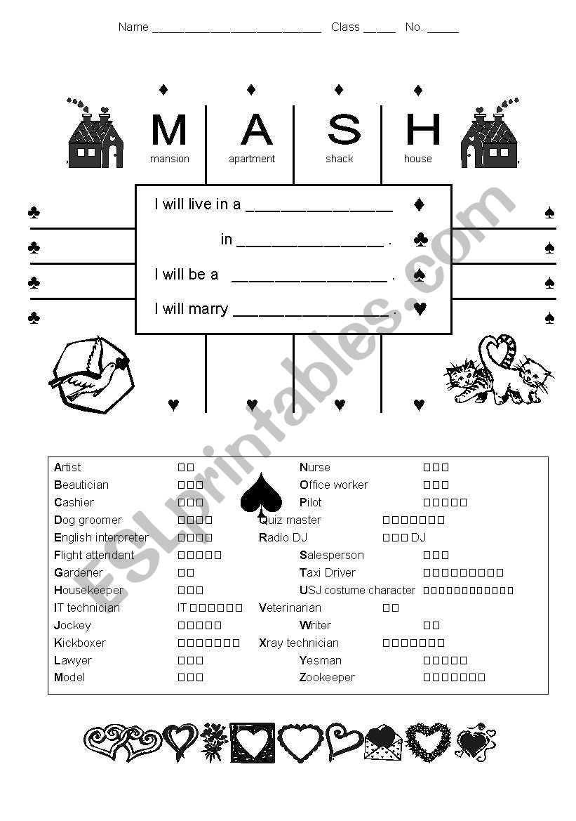MASH game for EFL students worksheet