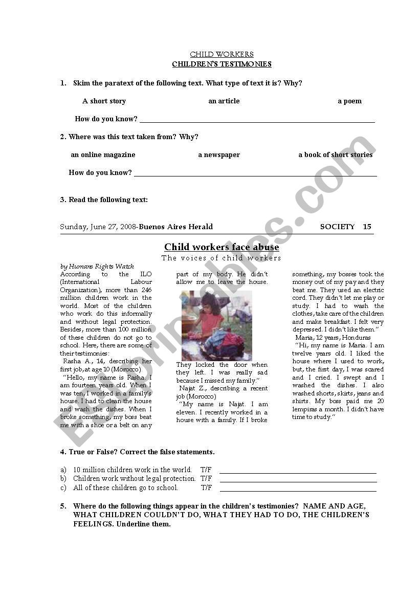 child workers worksheet