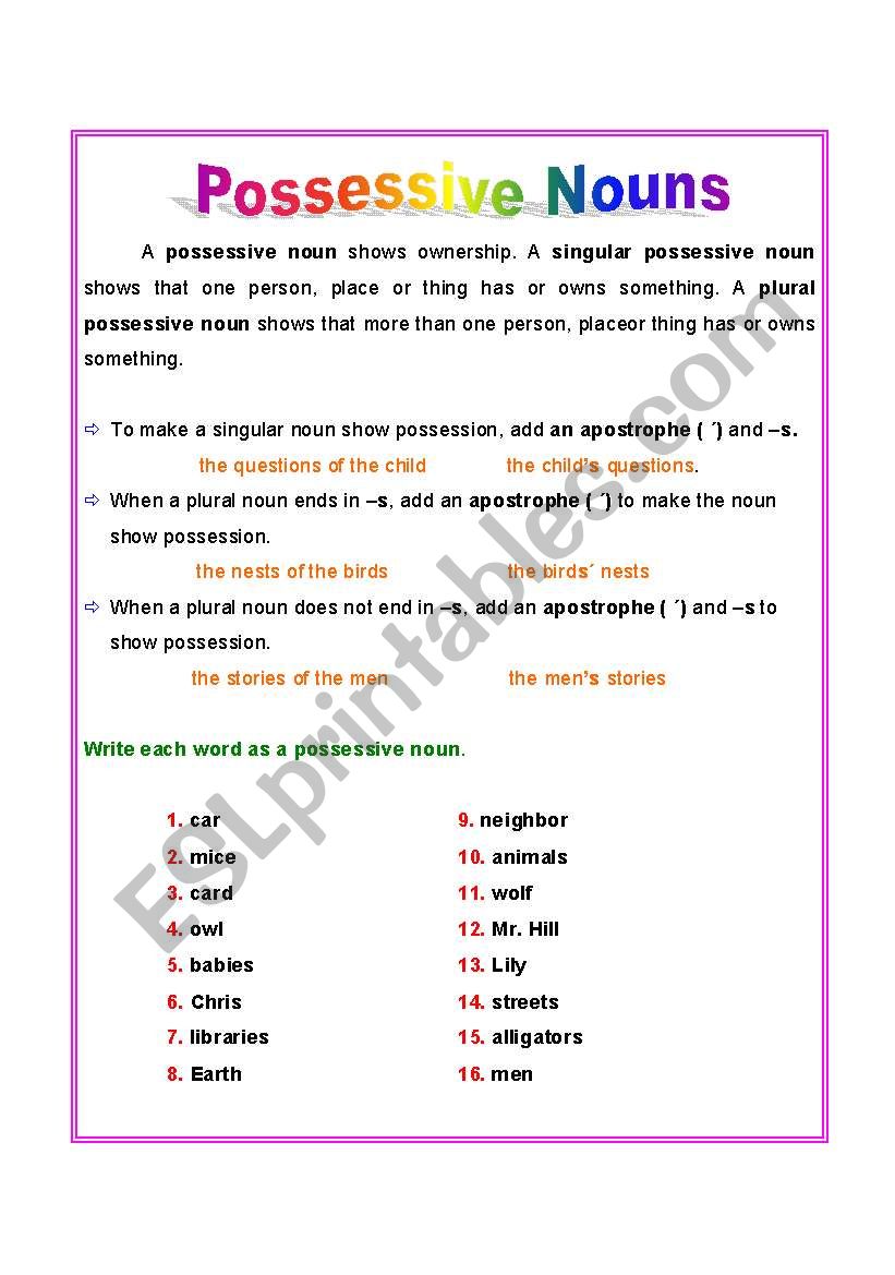 POSSESSIVE NOUNS worksheet