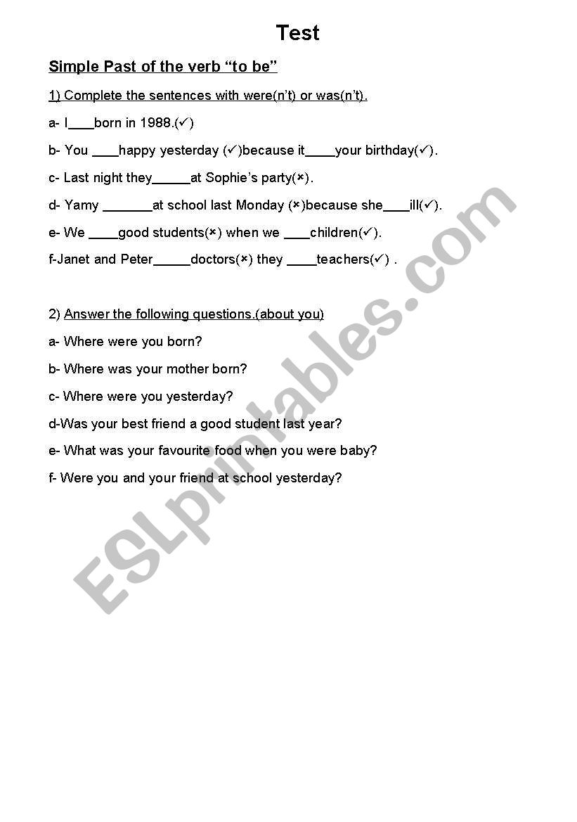 was /were (test) worksheet