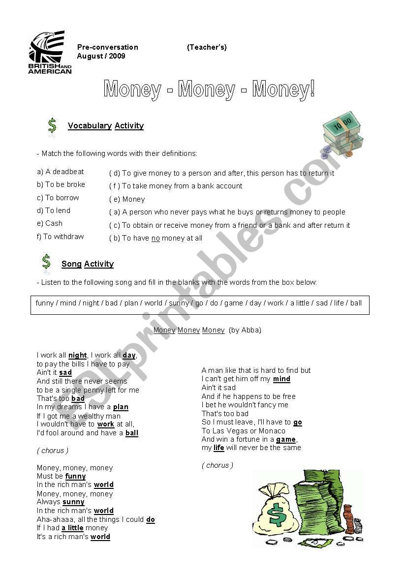 Conversation class about  Money (Teachers copy)