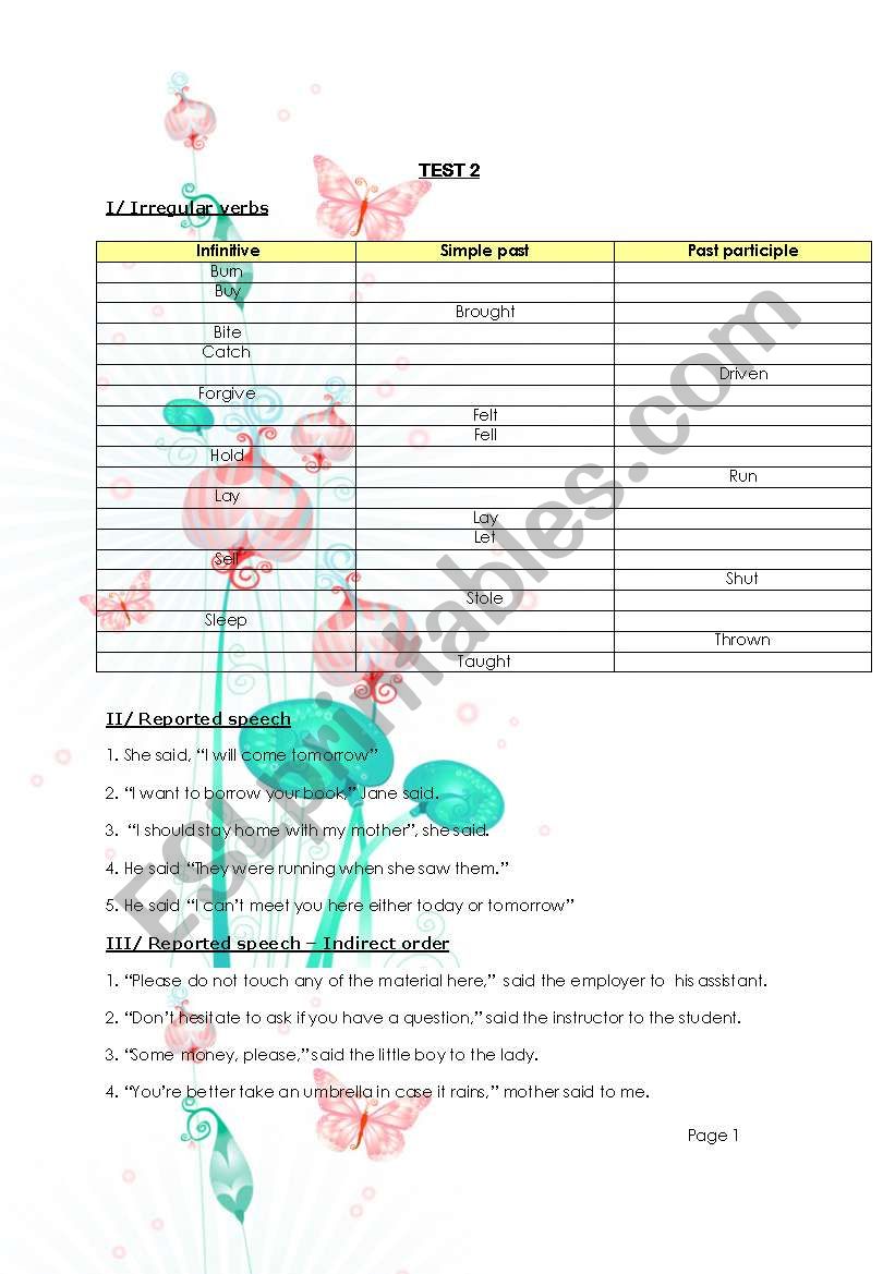 A test of Irregular verb, reported speech, passive voice