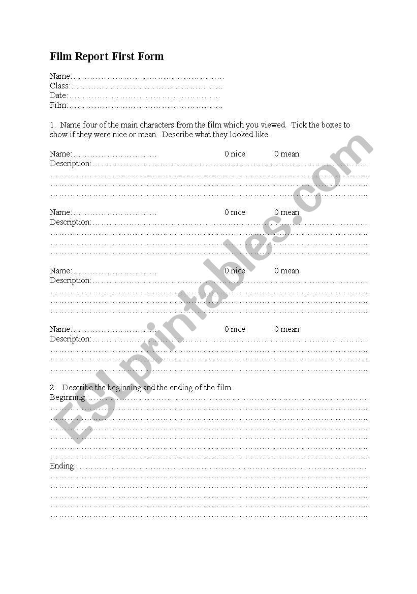 filmreport form worksheet