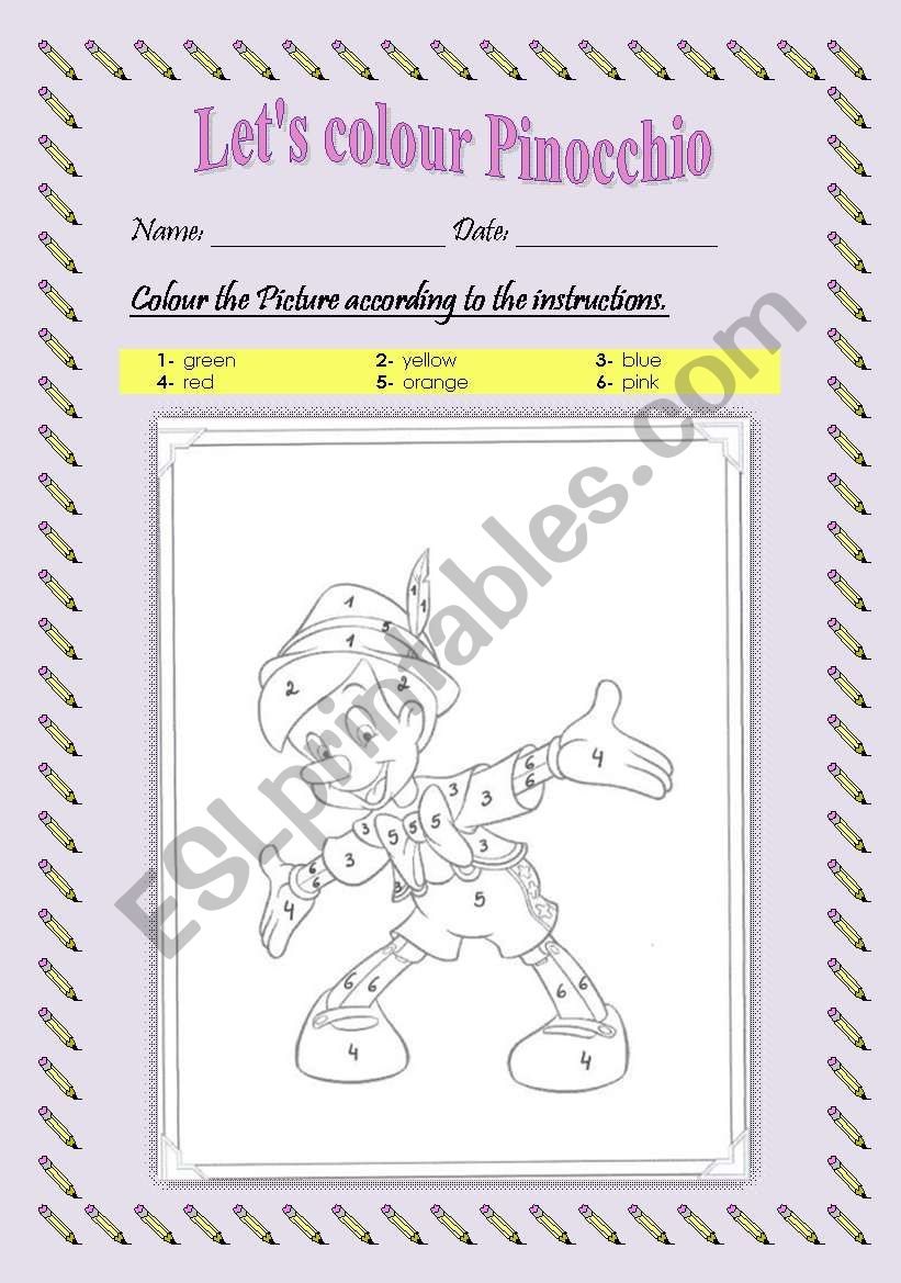 Lets colour Pinocchio! worksheet
