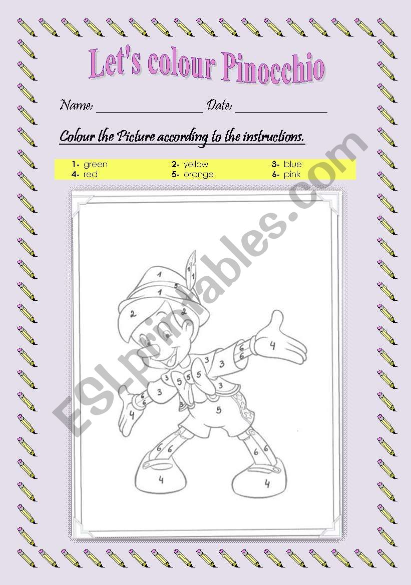 Lets colour Pinocchio! worksheet