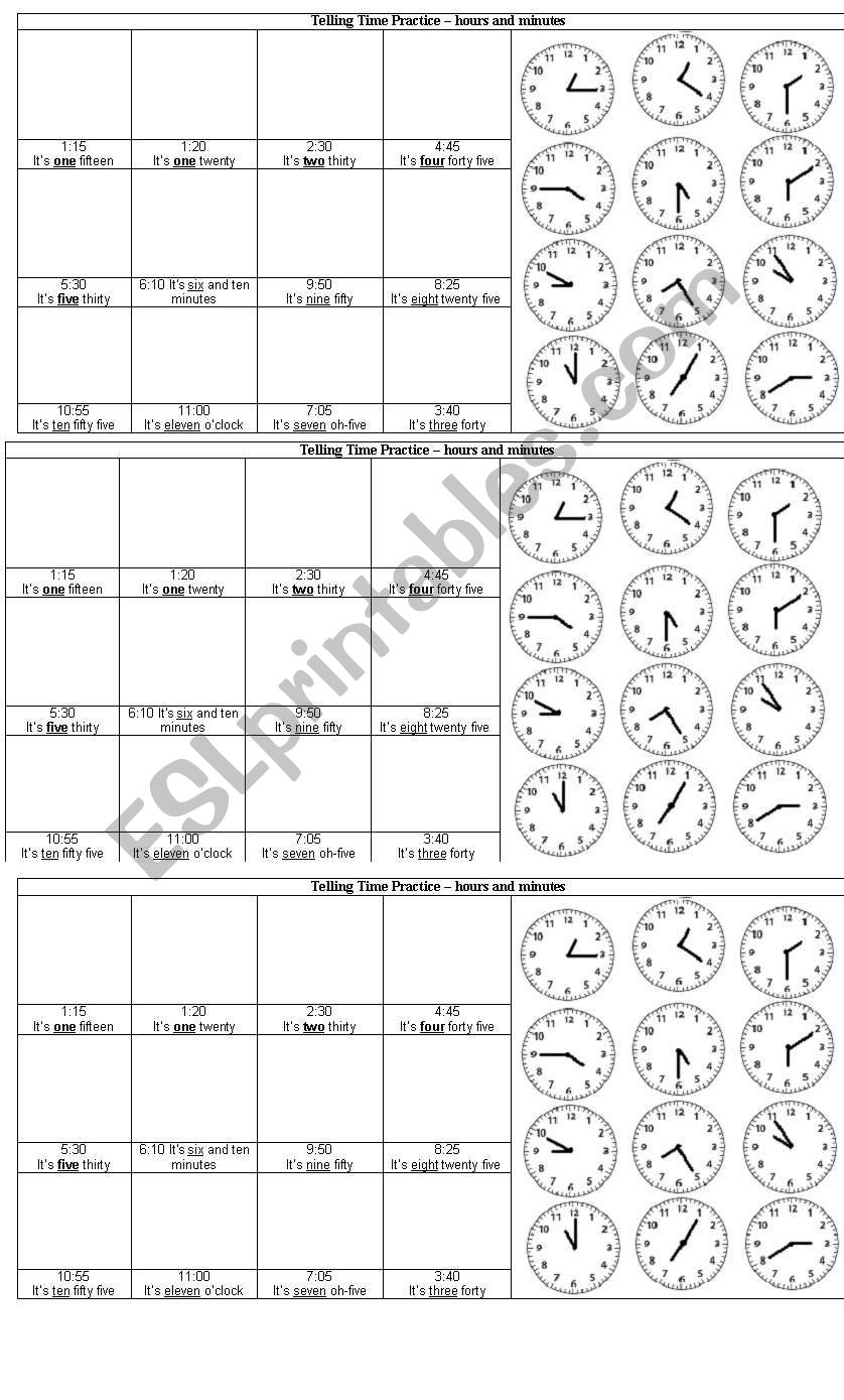 Telling time practice: hours and minutes