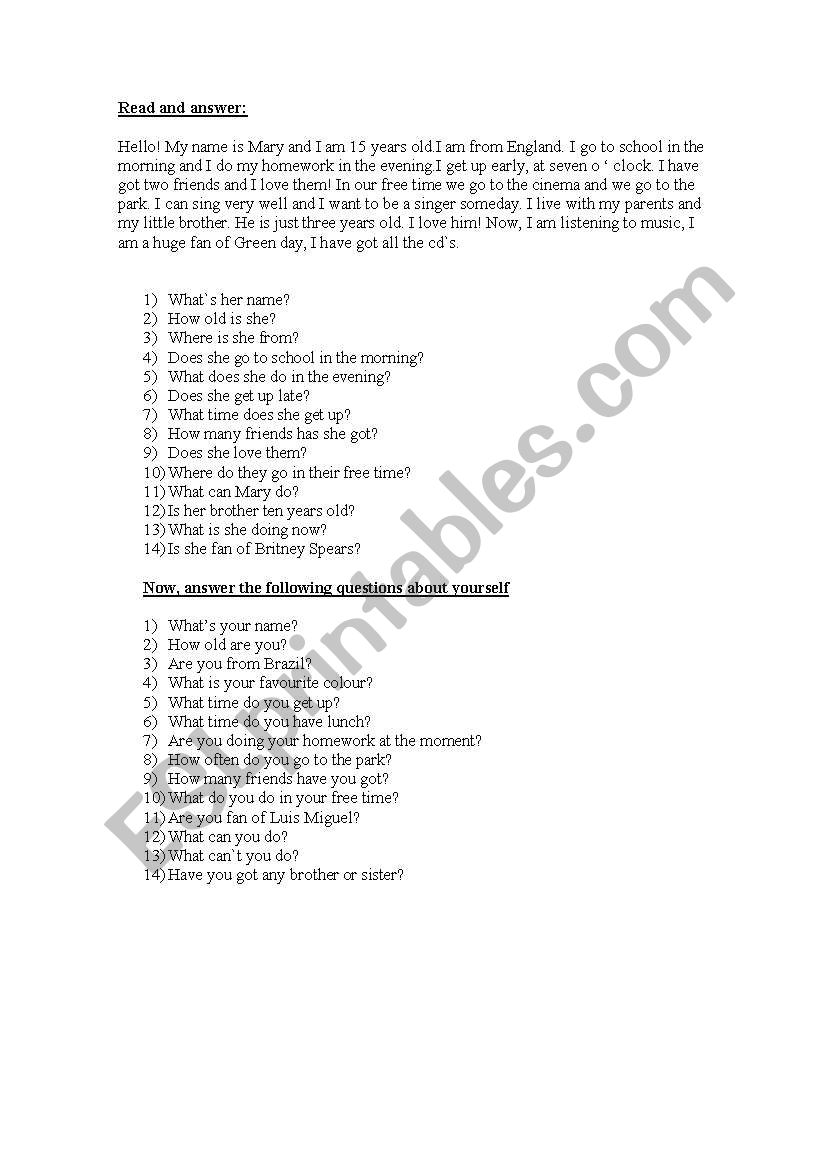 READ AND ANSWER worksheet