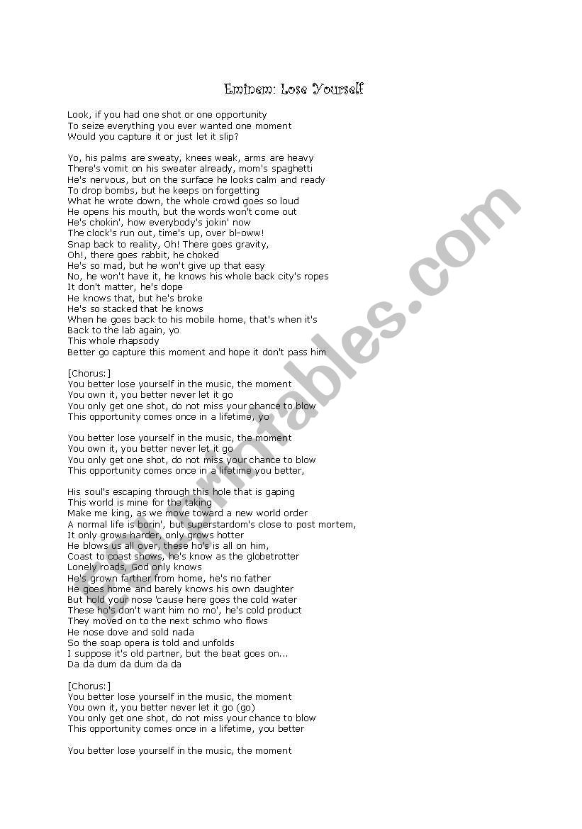 Eminem lose yourself worksheet