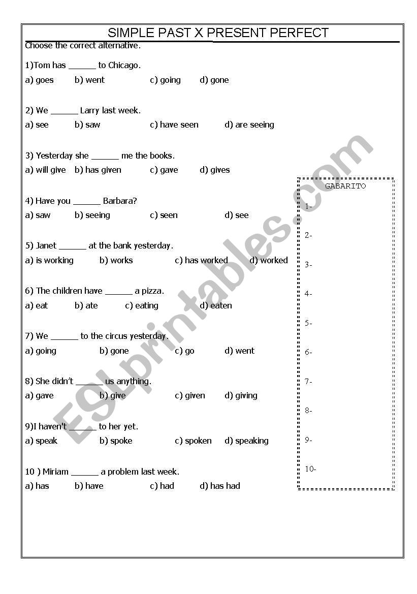 SIMPLE PAST X PRESENT PERFECT worksheet