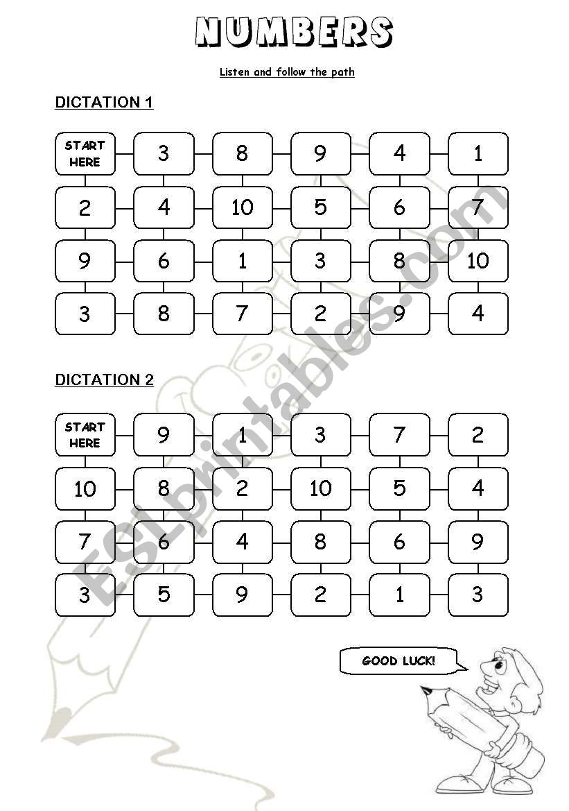 Numbers (1 to 10) - Dictation worksheet