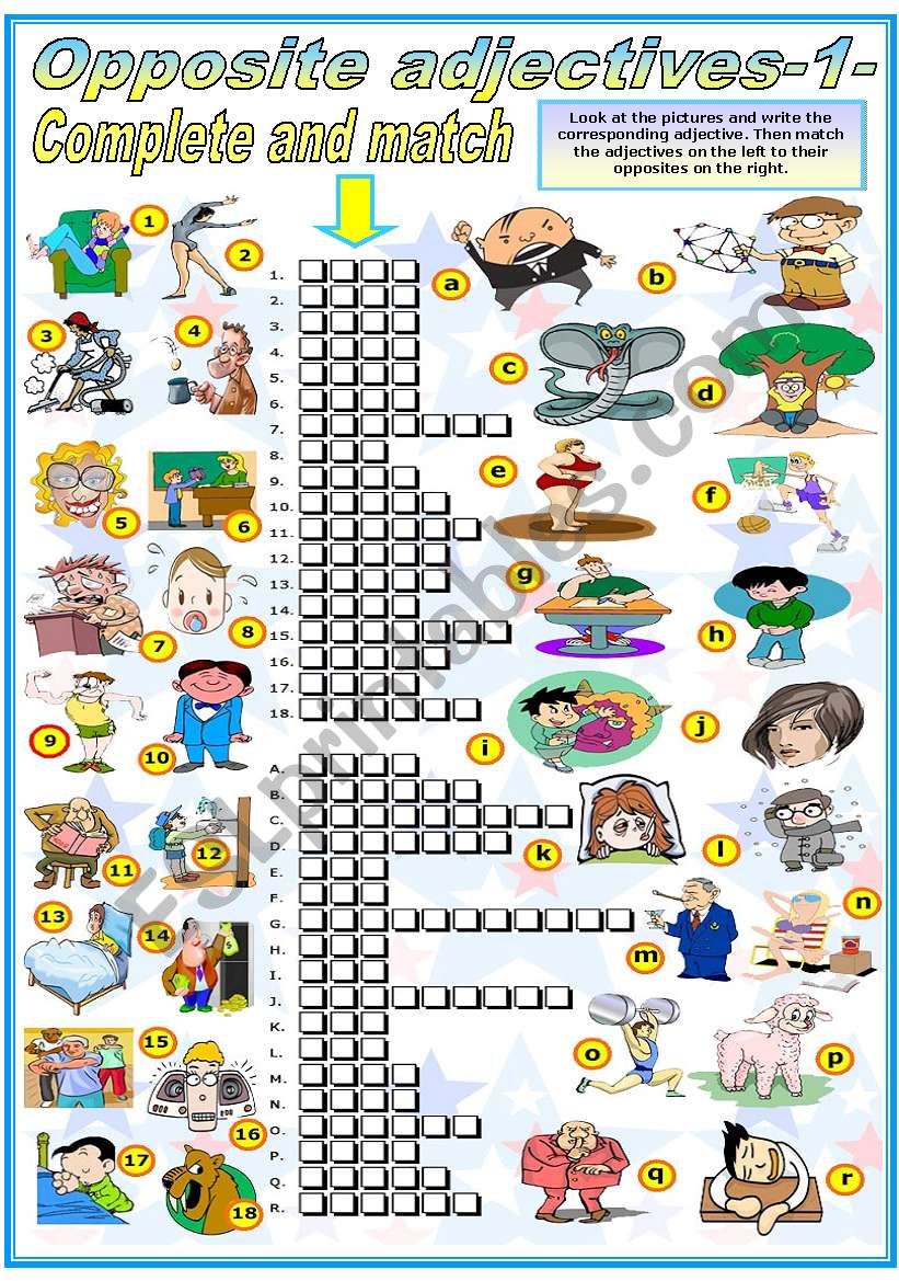 OPPOSITE ADJECTIVES-COMPLETE AND MATCH (B&W VERSION INCLUDED)