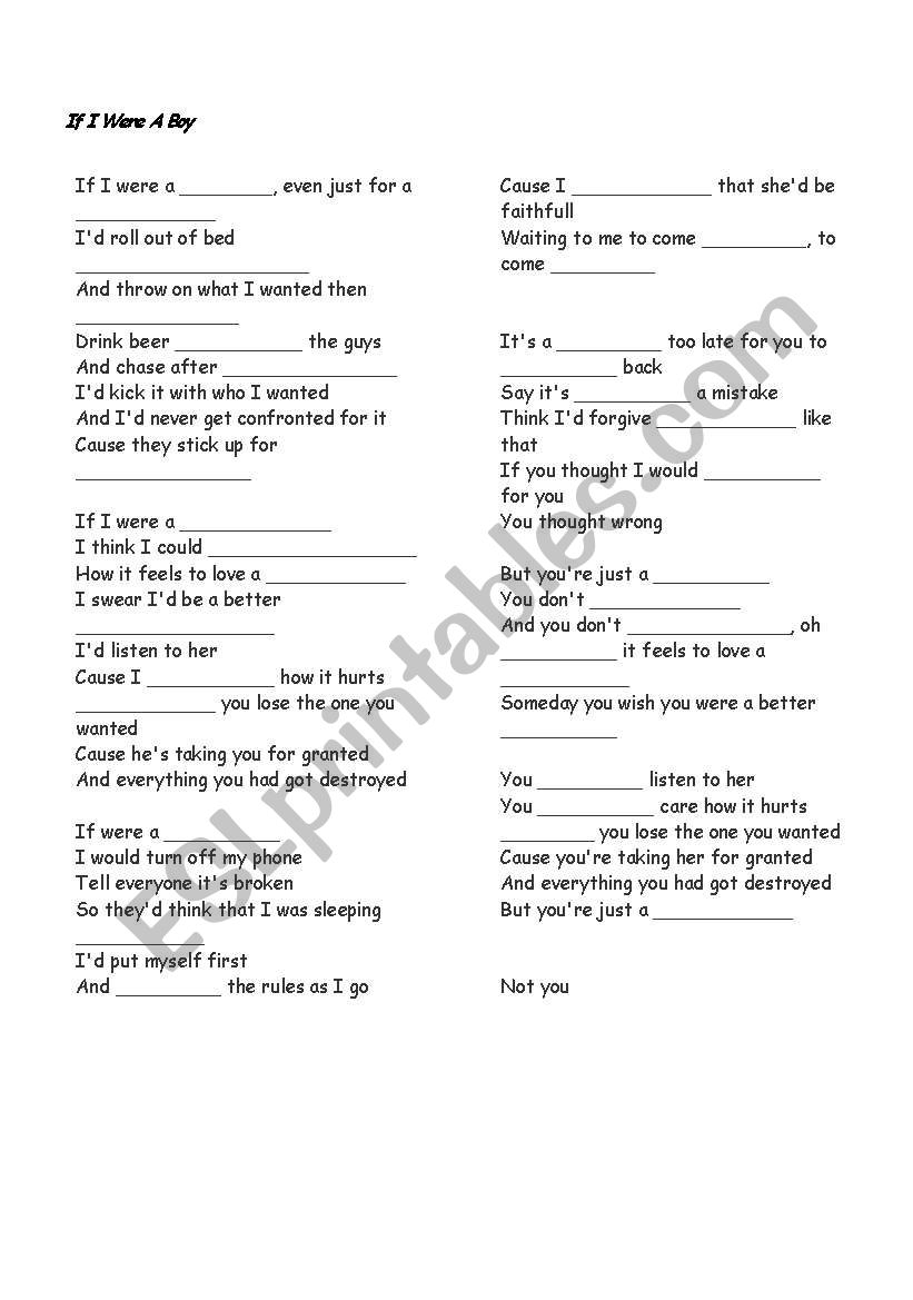 If I were a boy - BEYONCE worksheet