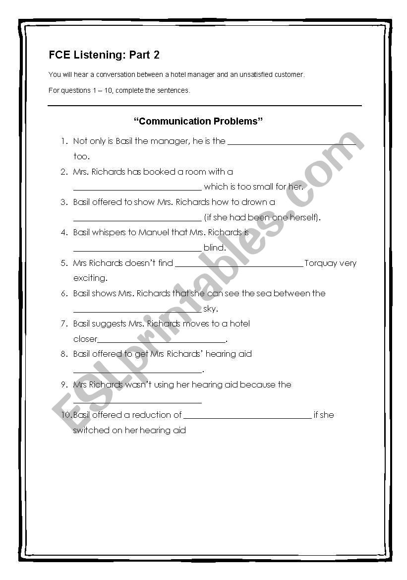 Fawlty Towers worksheets based on FCE Listening Part 2