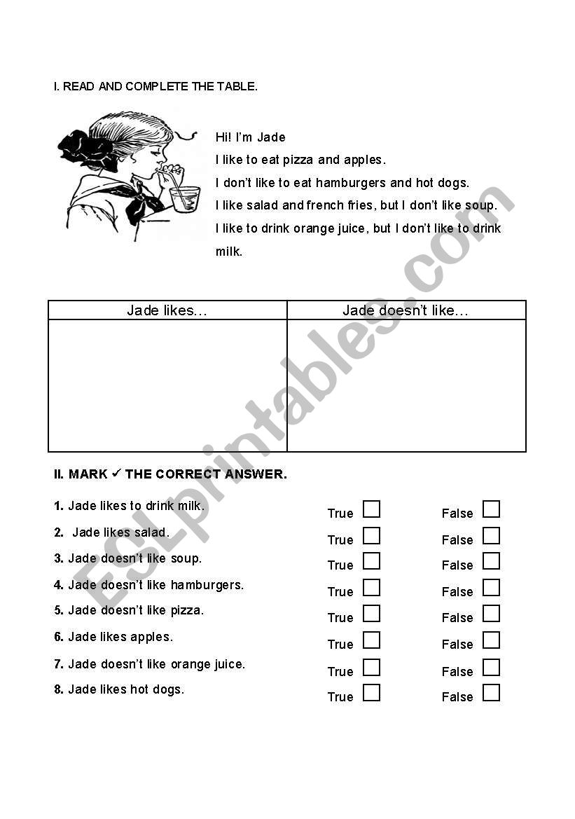 Likes and dislike worksheet