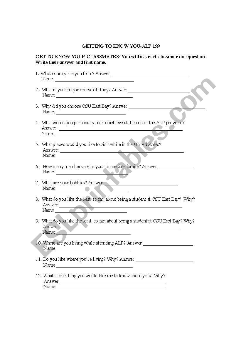 Getting To Know You worksheet