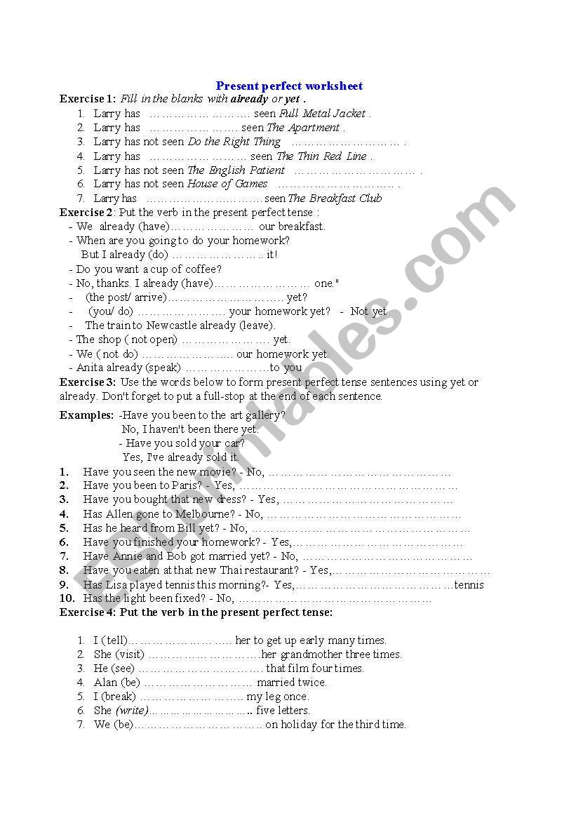 Present perfect  worksheet worksheet