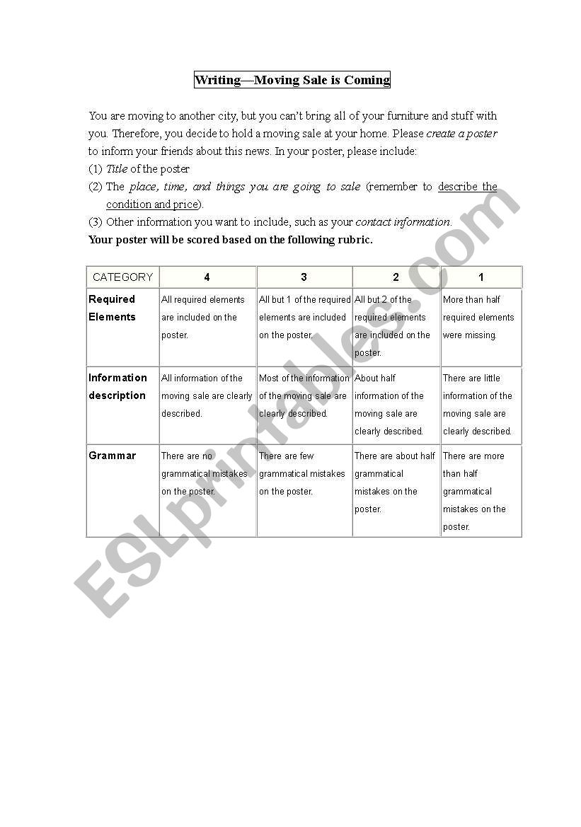 Writing test_create a poster for your moving sale (scoring rubric included)