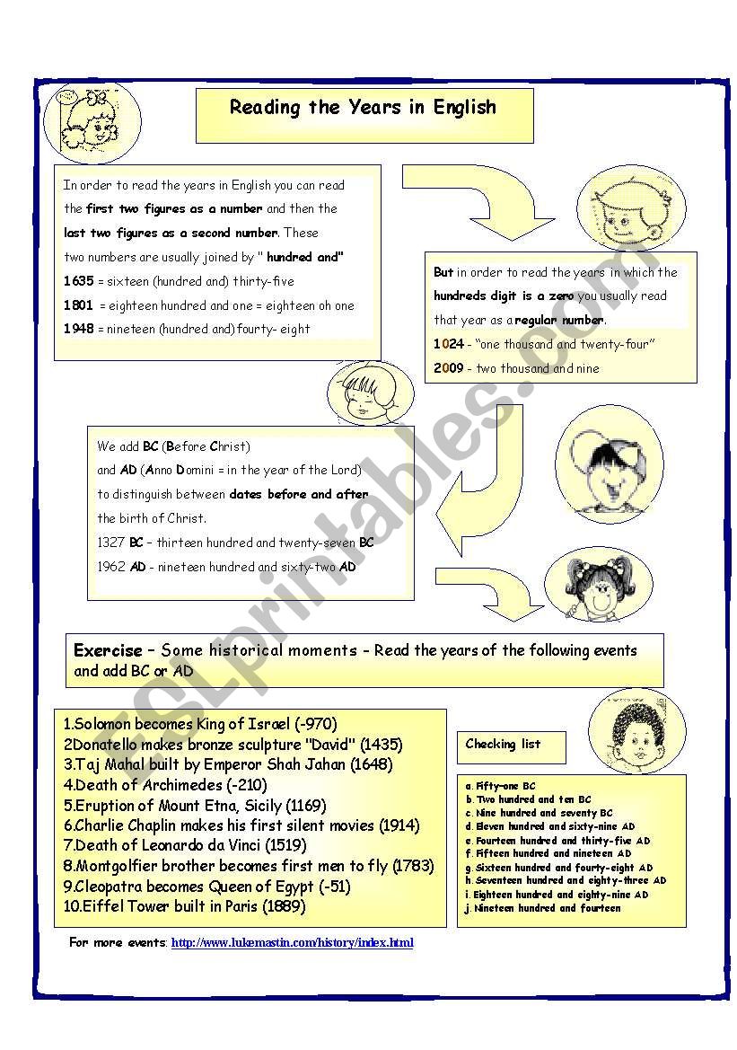 Reading the Years in English worksheet