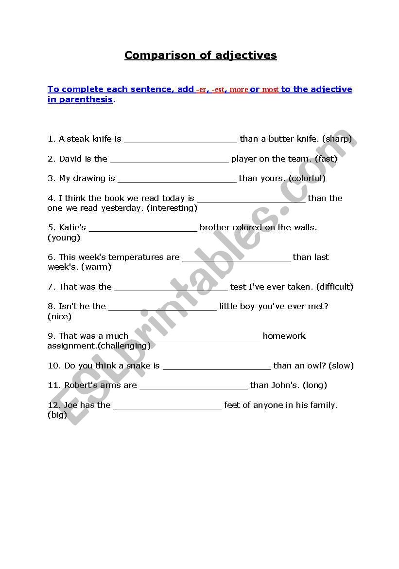 Comparison of adjectives worksheet