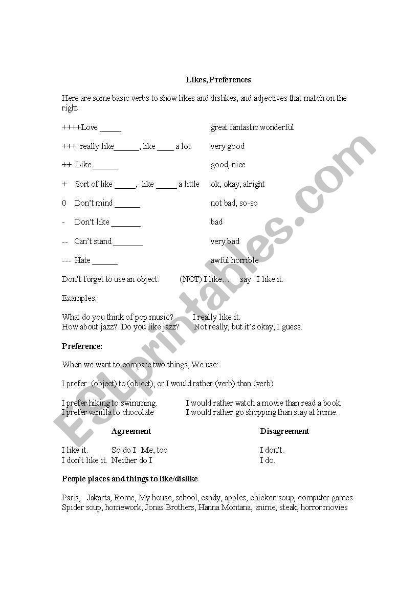 Likes/Dislikes worksheet