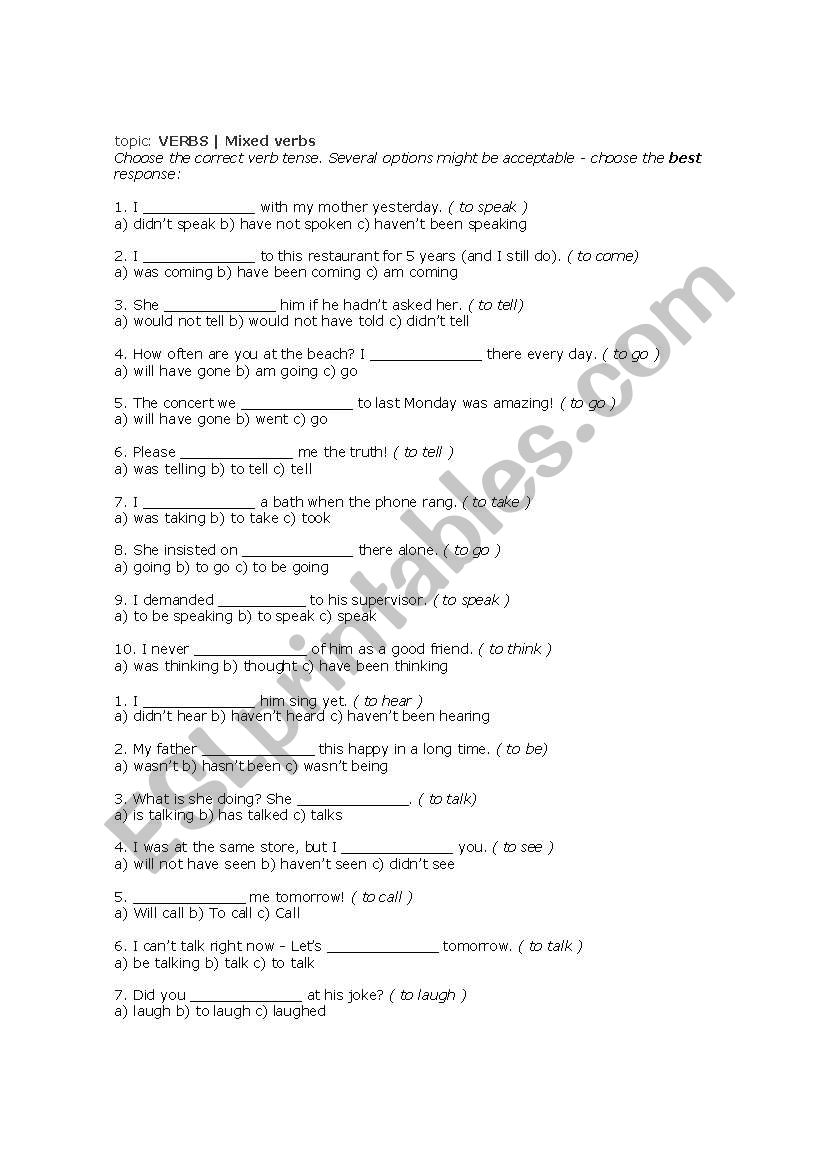 mixed verbs worksheet